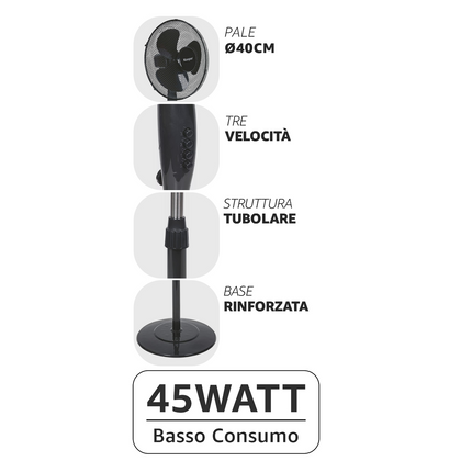 Kooper Ventilatore a Piantana 45W con Pala da 40 cm Regolabile e Silenzioso Kooper