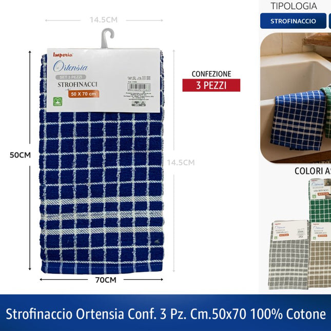 Imperia Ortensia Set Strofinacci Cucina da 3, 6 o 9 Pezzi - Strofinaccio 100% Cotone 50x70 cm, Colori Assortiti a Quadretti World Plastic