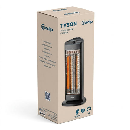 Gadip Tyson Stufa al Carbonio 1000W | Stufetta Elettrica Oscillante in ABS con 2 Livelli di Potenza 500/1000W e Sistema di Sicurezza Antiribaltamento 25x13,5x70 cm Gadip