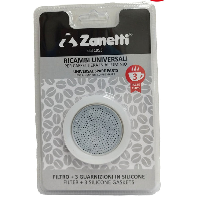 Zanetti Ricambio 3 Guarnizioni Silicone e Filtro per Caffettiera Moka Tazze Diverse