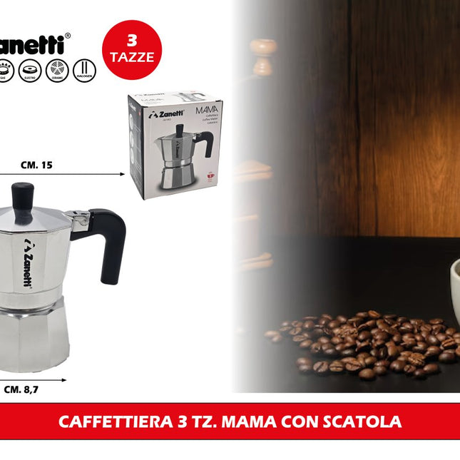 Zanetti Caffettiera Mama con Scatola in Vari Misure per Diverse Tazze di Caffè 3 Tz. Zanetti
