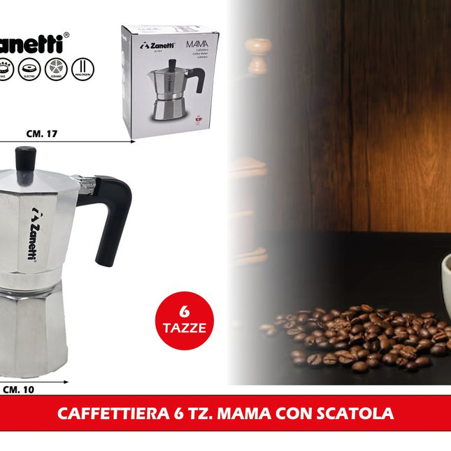 Zanetti Caffettiera Mama con Scatola in Vari Misure per Diverse Tazze di Caffè 6 Tz. Zanetti