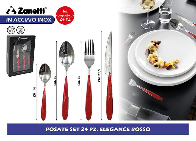 Set Posate 24 Pezzi Elegance Rosso/Verde – In Acciaio Inox, Lavabili in Lavastoviglie, Design Moderno per Tavola Elegante Zanetti