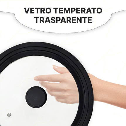 Coperchio Universale in Vetro Temperato con Bordo e Pomello in Silicone Adatto a Varie Misure