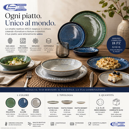 ARCA Servizio Piatti in Ceramica Reattiva, Set 18 Pezzi o Singoli, Piatti Colorati Moderni da Portata, Fondo e Dessert, Lavabili in Lavastoviglie Arca