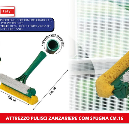 Zanzanetto – Spazzola Pulisci Zanzariere 2 in 1 con Spugna, 16 cm, Attacco Universale per Manico, Made in Italy La Briantina