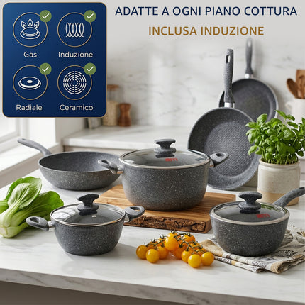 Set completo di batteria di pentole 11 pezzi in pietra lavica adatto per piani cottura a gas e induzione.