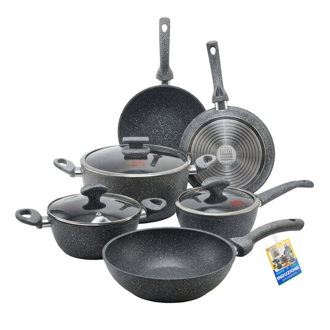 Accademia Mugnano Regina di Pietra Batteria Pentole 11 Pezzi Induzione Gas Alluminio Forgiato Pietra Lavica Naturale Antiaderente PFOA Nichel Free Made in Italy Accademia Mugnano