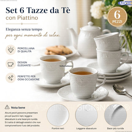 Set 6 Tazze da Tè con Piattino in Porcellana Bianca – 12 Pezzi, Design Elegante e Lavabili in Lavastoviglie Star