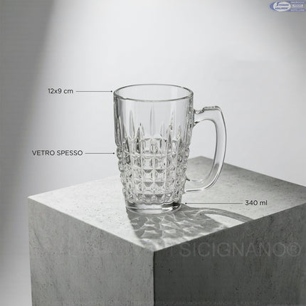 Set 6 Boccali da Birra in Vetro Intagliato 340ml Vivalto – Calici con Manico per Birra, Acqua e Cocktail (12x9 cm) | Offerta Casa Arte Regal