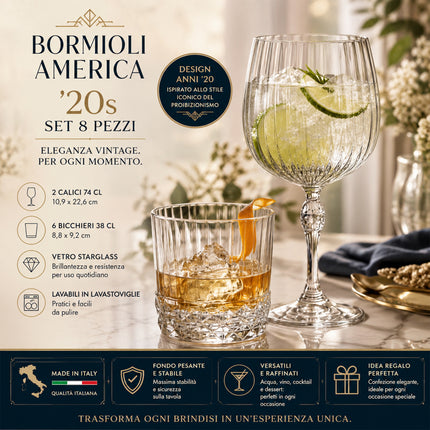 Bormioli America '20s Set 8 Pezzi (Calici 74 cl + Bicchieri 38 cl) – Servizio Acqua, Vino e Cocktail in Vetro StarGlass, Colore Trasparente Made in Italy Bormioli Luigi