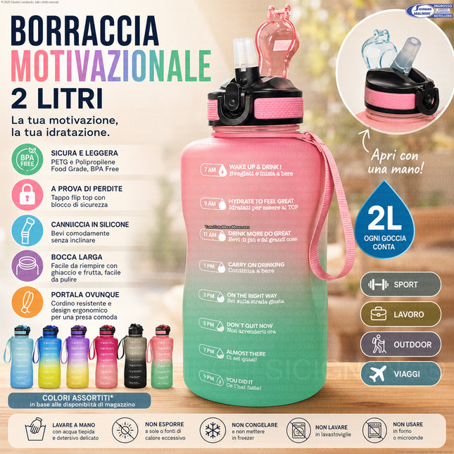 Sicignano Borraccia Motivazionale 2 Litri PETG Food Grade – BPA Free con Cannuccia, Orari per Bere e Bocca Larga, per Sport, Lavoro e Tempo Libero General Trade