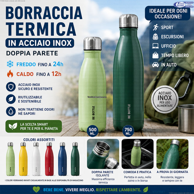 Borraccia Termica in Acciaio Inox 500/750 ml – Doppia Parete, Colori Assortiti, Bevande Fredde 24h e Calde 12h Borella Casalinghi srl