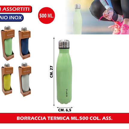 Borraccia Termica in Acciaio Inox 500/750 ml – Doppia Parete, Colori Assortiti, Bevande Fredde 24h e Calde 12h 500 ml Borella Casalinghi srl