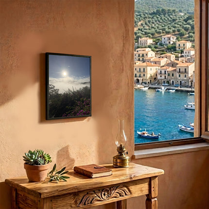 Sicignano Quadro Decorativo Naturale con Stampa Risveglio Silente Bouganville, Cornice in Legno Noce Effetto Bombato, Poster Paesaggio Pronto da Appendere per Casa, B&B, Hotel e Ufficio - REF.09 Casalinghi Sicignano