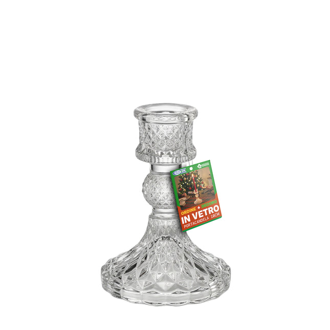 Portacandele in Vetro Trasparente 10cm, Candeliere Sfaccettato per Candele Coniche da 2cm, Centrotavola Decorativo per Tavola di Natale, Matrimoni e Feste (Disponibile Singolo, Set da 3 e con Candele Rosse) 1 Portacandela Due Esse