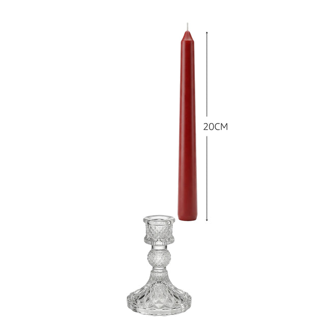 Portacandele in Vetro Trasparente 10cm, Candeliere Sfaccettato per Candele Coniche da 2cm, Centrotavola Decorativo per Tavola di Natale, Matrimoni e Feste (Disponibile Singolo, Set da 3 e con Candele Rosse) 1 Portacandela + 1 Candela Rossa Due Esse