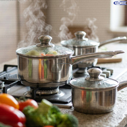 Set 3 Casseruole in Acciaio Inox 18/10 con 1 Manico e Coperchio in Vetro – Ø12/14/16 cm, Fondo Incapsulato per Induzione Arca