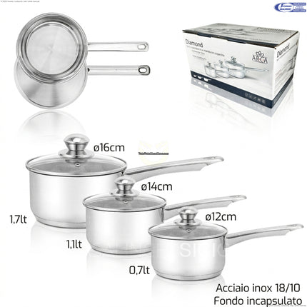 Set 3 Casseruole in Acciaio Inox 18/10 con 1 Manico e Coperchio in Vetro – Ø12/14/16 cm, Fondo Incapsulato per Induzione Arca