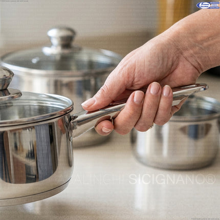 Set 3 Casseruole in Acciaio Inox 18/10 con 1 Manico e Coperchio in Vetro – Ø12/14/16 cm, Fondo Incapsulato per Induzione Arca