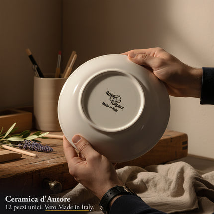 TTMM Set Piatti in Ceramica Rigata Effetto Acquerello Bianco/Azzurro – 12 Pezzi Made in Italy D&D Casalinghi