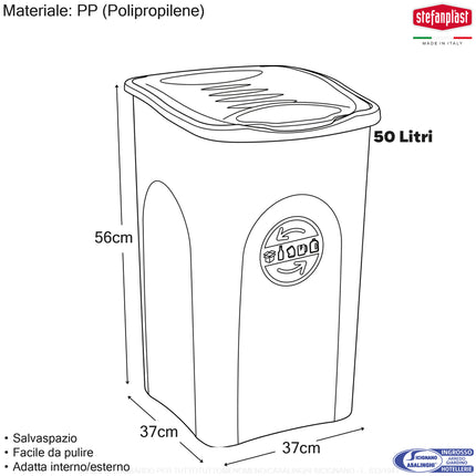 Pattumiera 50L Stefanplast Ecogreen – Bidone per Raccolta Differenziata Made in Italy, Compatto, Lavabile, per Interno ed Esterno Stefanplast