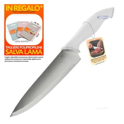Coltello Chef Multifunzione 19,5 cm – Lama Acciaio Inox 1,8 mm, Manico Ergonomico Bianco | Taglia, Affetta, Trita + Tagliere in Regalo Coltello Chef + Regalo (tagliere col. assortito) Tutto Tutto Meno Meno®