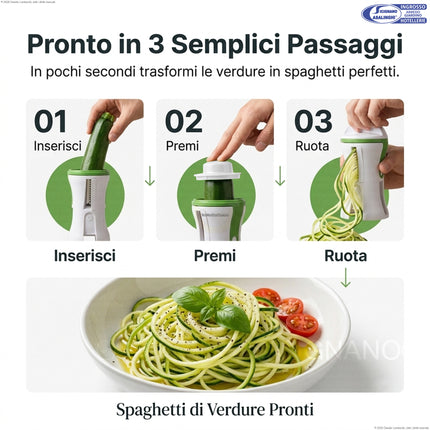 Kurly Plus Spiralizzatore Manuale 3 in 1 per Spaghetti di Verdure – Taglia Verdure Compatto con 3 Lame in Acciaio Inox e Tappo di Sicurezza Lit Gas