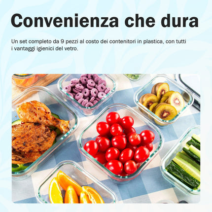 Contenitori in vetro per alimenti - Confezione da 9 contenitori ermetici per alimenti con coperchi trasparenti - Adatti alla lavastoviglie e al microonde, senza BPA, foro respirazione Arca