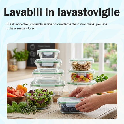 Contenitori in vetro per alimenti - Confezione da 9 contenitori ermetici per alimenti con coperchi trasparenti - Adatti alla lavastoviglie e al microonde, senza BPA, foro respirazione Arca