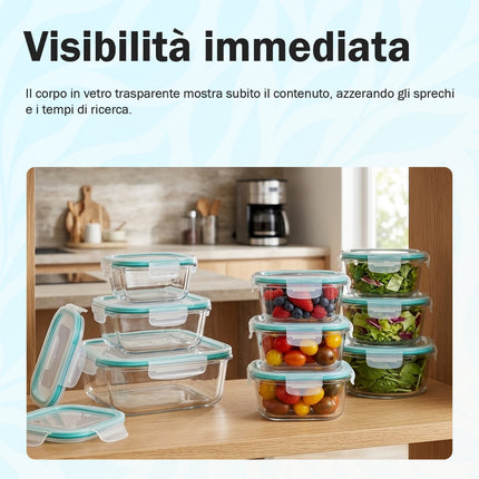 Contenitori in vetro per alimenti - Confezione da 9 contenitori ermetici per alimenti con coperchi trasparenti - Adatti alla lavastoviglie e al microonde, senza BPA, foro respirazione Arca