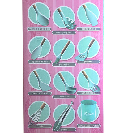 Set 12 Utensili Cucina in Silicone e Legno Naturale – Antiaderenti, Non Graffiano, Resistenti − 40 ° / + 230 ° C −40°/+230°C, BPA Free – Con Contenitore Fatigati