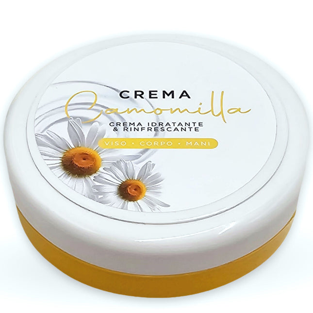 Crema idratante viso corpo mani alla camomilla Irge in barattolo bianco e giallo
