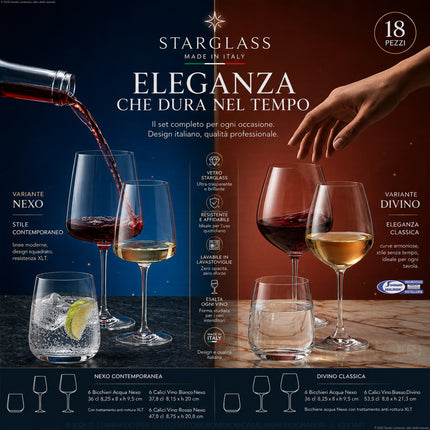 Bormioli Set Bicchieri e Calici Vino StarGlass 18 Pezzi – Variante Nexo Contemporanea o Divino Classica, Made in Italy Bormioli Luigi