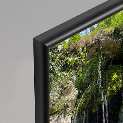 Primo piano del dettaglio della cornice in legno noce con effetto bombato e particolare della stampa naturalistica.