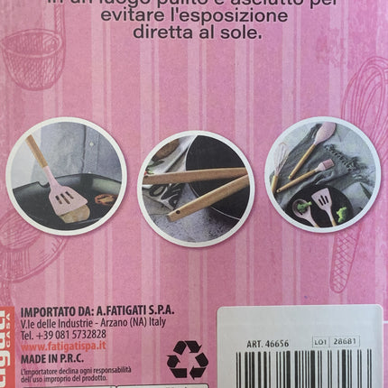 Set 12 Utensili Cucina in Silicone e Legno Naturale – Antiaderenti, Non Graffiano, Resistenti − 40 ° / + 230 ° C −40°/+230°C, BPA Free – Con Contenitore Fatigati