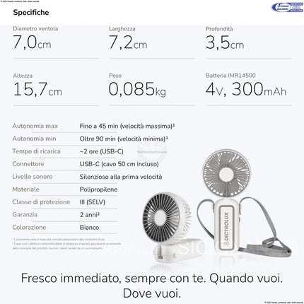 Ventilatore Portatile Dictrolux AiroSlim™ 2-in-1 – Mini Ventilatore Tascabile USB-C, 3 Velocità, Silenzioso, 85 g – Ideale per Viaggi, Estate, Concerti e Pendolarismo (Bianco) General Trade