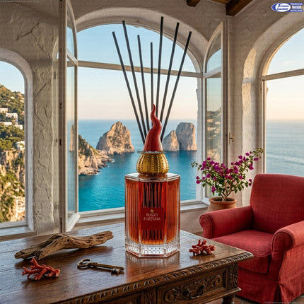 Diffusore Ambienti Premium Rosso Fortuna 500 ml con Corno Napoletano – Made in Italy, Vetro Costolato, Profumatore Casa Elegante a Bastoncini Mercury srl
