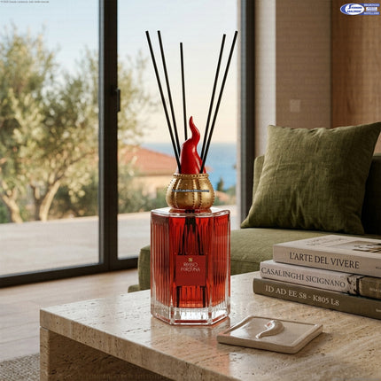 Diffusore Ambienti Premium Rosso Fortuna 500 ml con Corno Napoletano – Made in Italy, Vetro Costolato, Profumatore Casa Elegante a Bastoncini Mercury srl