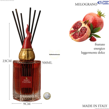 Diffusore Ambienti Premium Rosso Fortuna 500 ml con Corno Napoletano – Made in Italy, Vetro Costolato, Profumatore Casa Elegante a Bastoncini Melograno Mercury srl