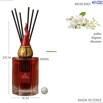 Diffusore Ambienti Premium Rosso Fortuna 500 ml con Corno Napoletano – Made in Italy, Vetro Costolato, Profumatore Casa Elegante a Bastoncini Muschio Mercury srl