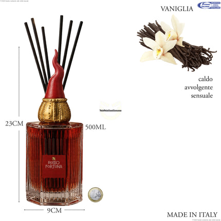 Diffusore Ambienti Premium Rosso Fortuna 500 ml con Corno Napoletano – Made in Italy, Vetro Costolato, Profumatore Casa Elegante a Bastoncini Vaniglia Mercury srl