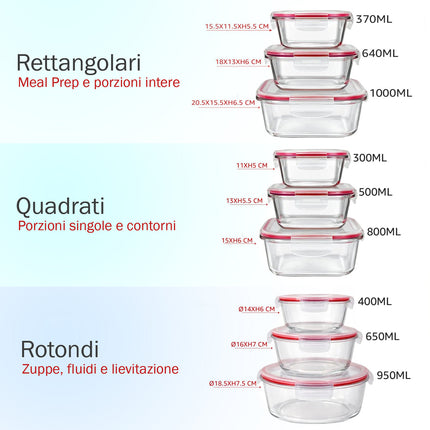 Contenitori in vetro per alimenti - Confezione da 9 contenitori ermetici per alimenti con coperchi trasparenti - Adatti alla lavastoviglie e al microonde, senza BPA, foro respirazione Arca