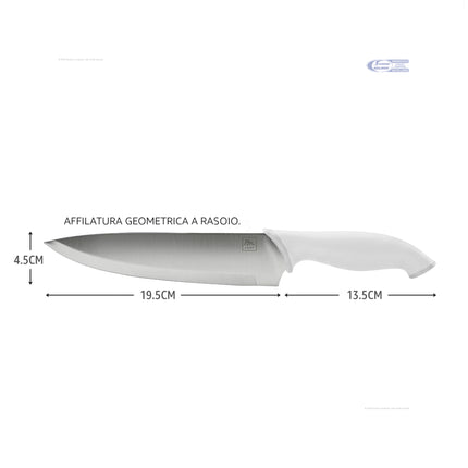 Coltello Chef Multifunzione 19,5 cm – Lama Acciaio Inox 1,8 mm, Manico Ergonomico Bianco | Taglia, Affetta, Trita + Tagliere in Regalo Tutto Tutto Meno Meno®