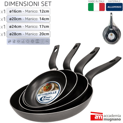 Cottura Pura Martina: Meno Olio, Zero Sforzo | Set 4 Padelle Antiaderenti (16-28cm) - Riduci Grassi - Made in Italy Accademia Mugnano