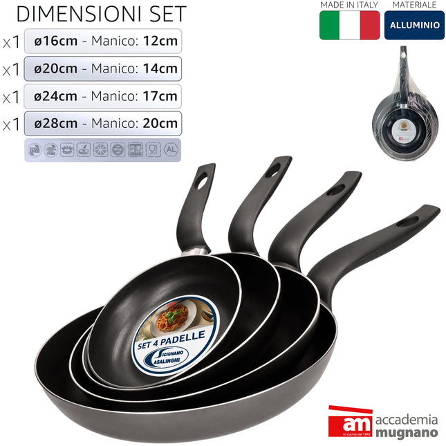 Cottura Pura Martina: Meno Olio, Zero Sforzo | Set 4 Padelle Antiaderenti (16-28cm) - Riduci Grassi - Made in Italy Accademia Mugnano