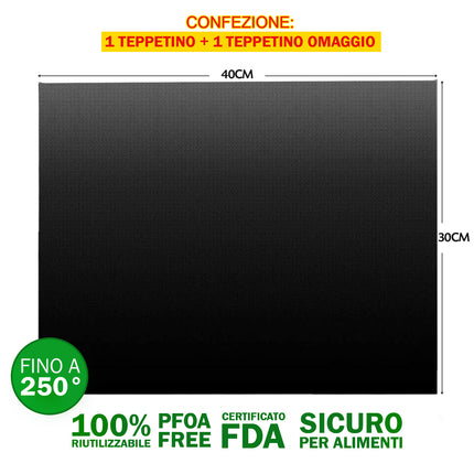 Tappetino di cottura antiaderente set 2 pezzi 30x40 cm per barbecue, griglia e forno | Riutilizzabile, senza PFOA