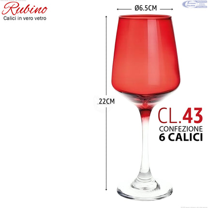 Set 6 Calici Rubino 43cl ARCA - Bicchieri in Vetro Temperato Rosso per Acqua e Cocktail Arca