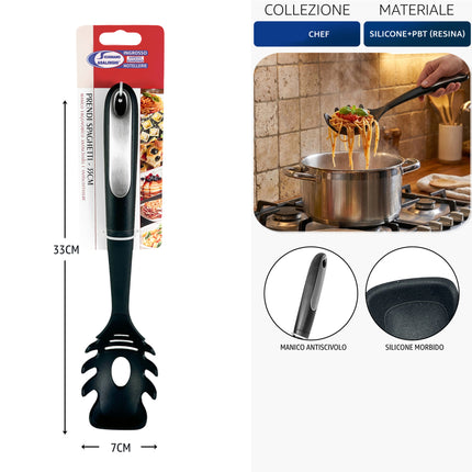 Set Utensili Cucina Nylon Nero Antiscivolo 6 Pezzi + Singoli – Manico Ergonomico Termoresistente Utensile singolo Forchettone Spaghetti Arca