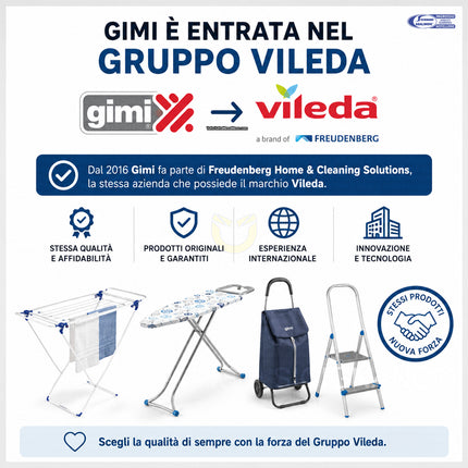 Infografica promozionale che annuncia l'integrazione di Gimi nel Gruppo Vileda Freudenberg, mostrando prodotti per la casa come stendibiancheria, asse da stiro, carrello portaspesa e scaletta.